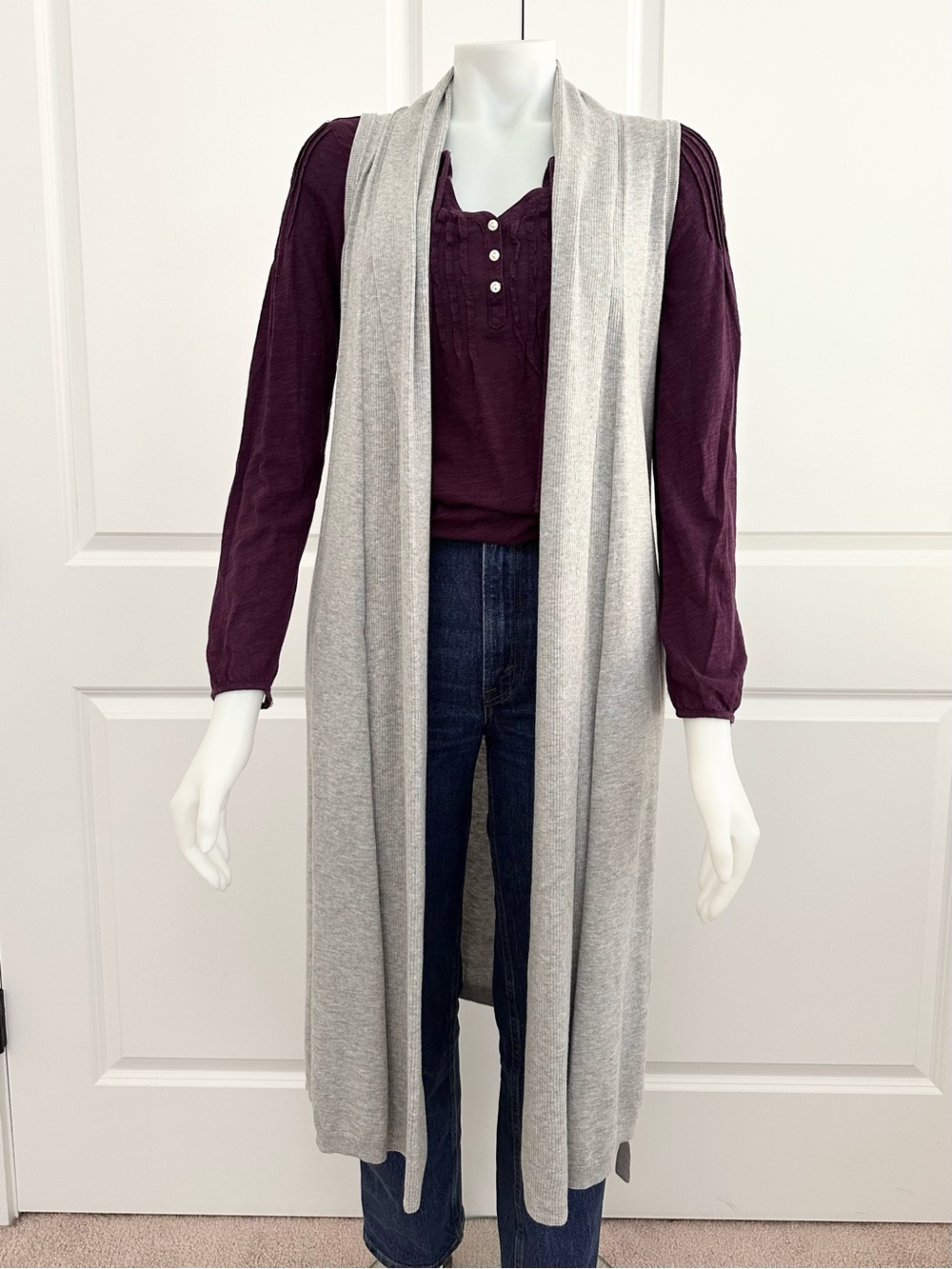 Lucky Brand Long Duster Sleeveless Cardigan Sweater Vest Light Grey - Layering